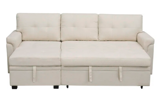 Cream Velvet Sleeper Sectional with Pull-Out Bed & Storage Chaise