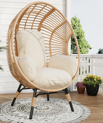 All-Weather Oversized Wicker Egg Chair, Outdoor Indoor Patio Egg Lounge Chairs With Cushion